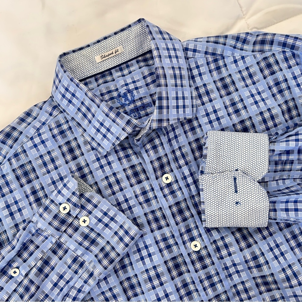 Bugatchi Men's XL Shape Fit Blue Plaid Flip Cuff Long Sleeve Button Front Shirt